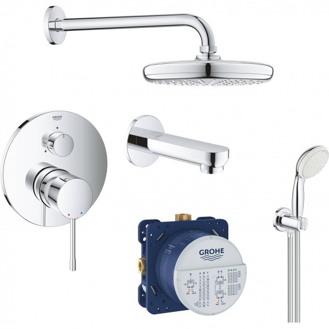Набор для ванны: смеситель для ванны GROHE ESSENCE, верхний душ, ручной душ, круглая розетка, излив, хром () 119699 Набор для ванны: смеситель для ванны GROHE ESSENCE, верхний душ, ручной душ, круглая розетка, излив, хром () 119699
